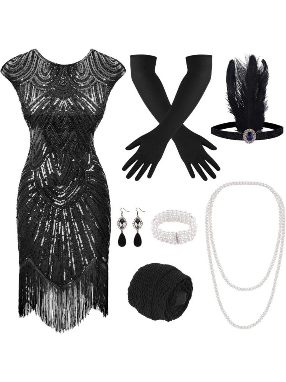 1920s Sequin Flapper Dress with Fringes & Accessories Set - Roaring 20s Costume